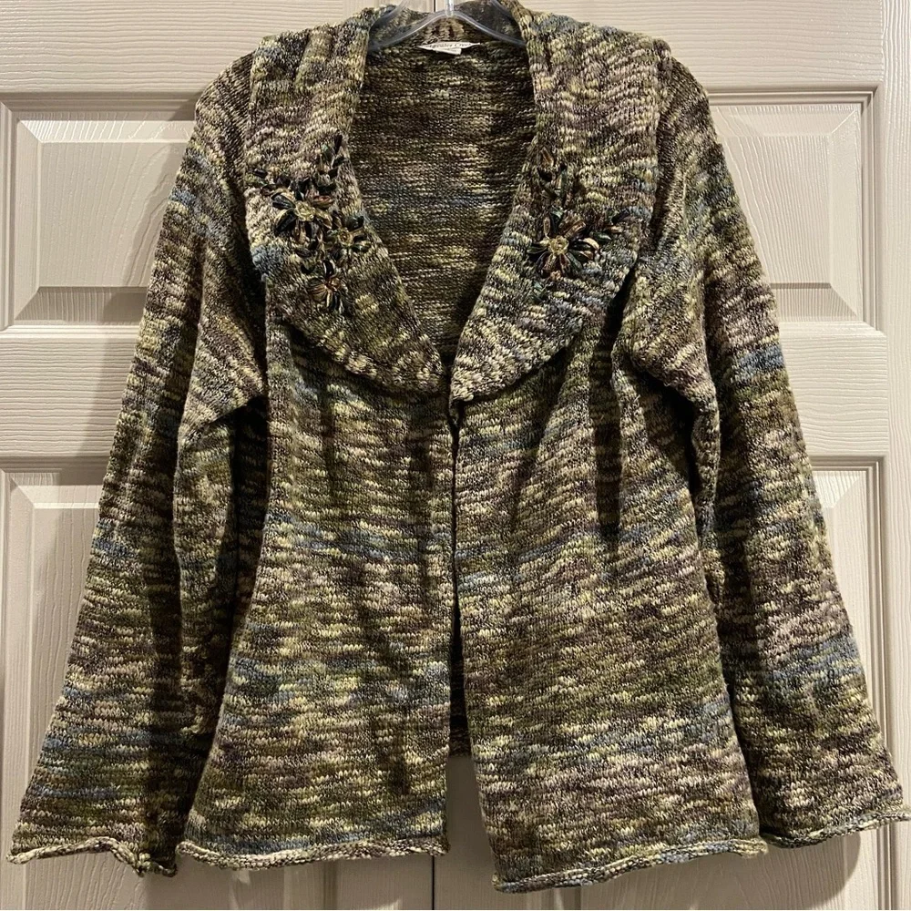 Coldwater Creek Cardigan Sweater Embroidered Green Brown Knit Beaded Medium Fall